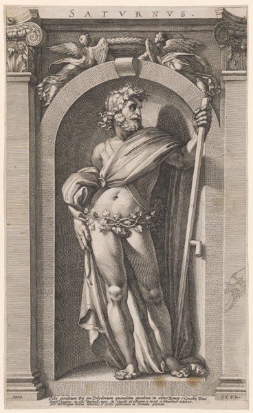 Saturn, 1592, copperplate, plate: 35.6 x 21.5 cm |, Sheet: 35.8 x 21.7 cm, O. M. inscribed:
