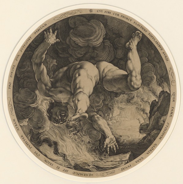 Ixion, 1588, copperplate engraving, sheet: (diameter) 33.2 cm (trimmed at the edge of the plate), U