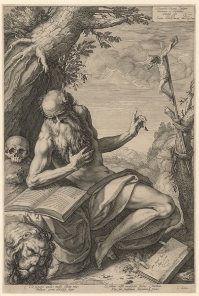 The hl., Hieronymus, 1596, copperplate, plate: 41.9 x 28.2 cm |, Leaf: 42.2 x 28.6 cm, O. r.,