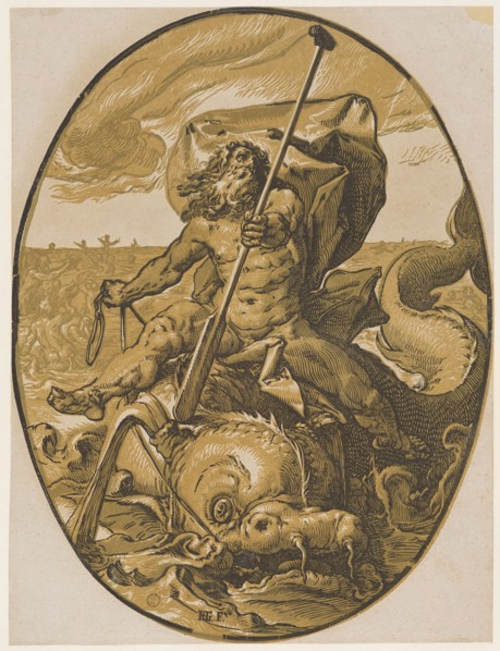 Oceanus, 1588/90 (probably print 1617/20), chiaroscuro woodcut of three panels (ocher, light olive