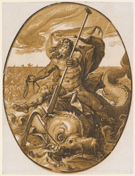 Oceanus, 1588/90 (probably print 1617/20), chiaroscuro woodcut of three plates (ocher, light brown