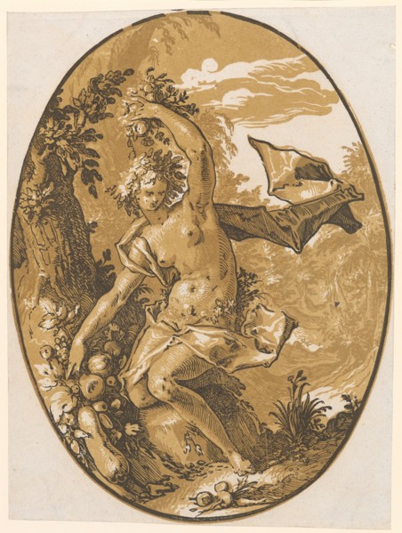 Proserpina, 1588/90 (probably print 1617/20), chiaroscuro woodcut of three plates (ocher, light
