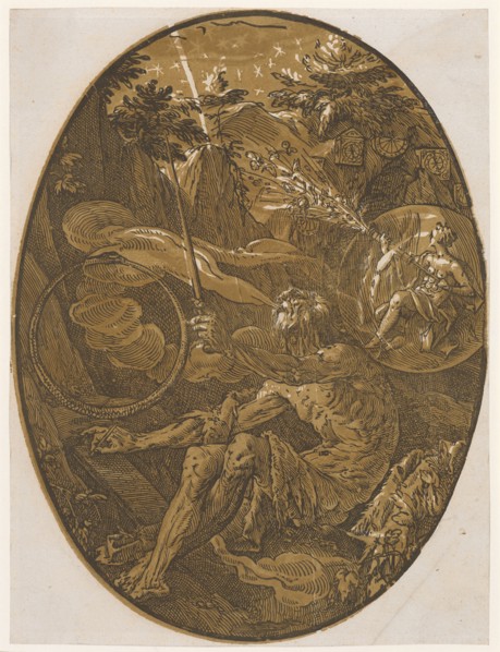 Demogorgon in the Cave of Infinity, 1588/90 (probably print 1617/20), chiaroscuro woodcut of three