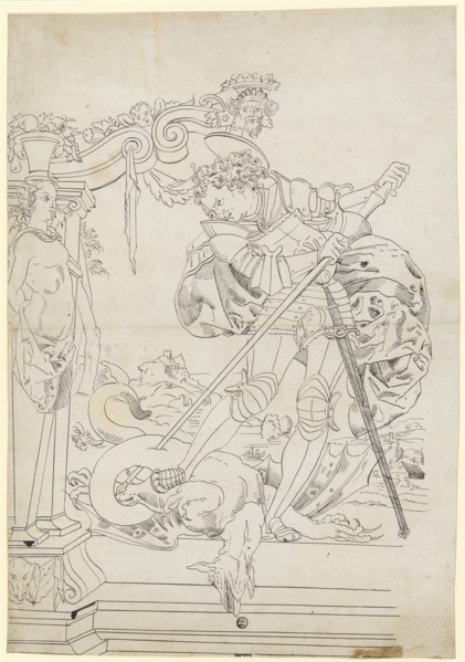 Slice tear with St. George, feather in black, sheet: 42.2 x 29.4 cm, not marked, Tobias Stimmer,