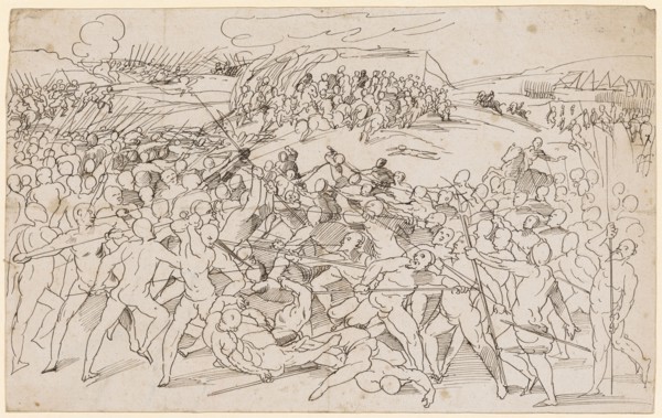 Battle scene between naked infantry and cavalry, feather in black, Leaf: 20.2 x 32.7 cm, Unmarked,