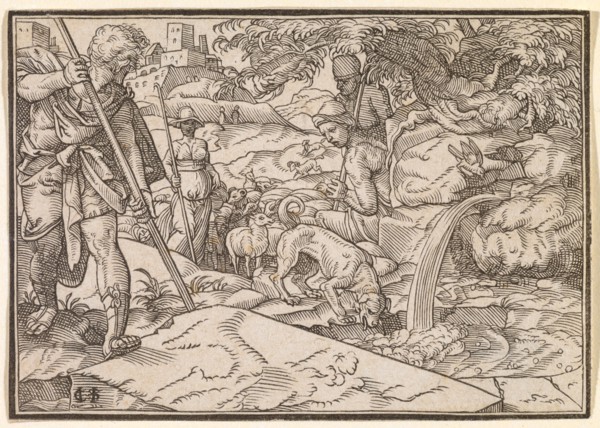 Jacob soaks the sheep of Rachel (Gen. 29), 1576, woodcut, without frame, without text, image: 6 x 8
