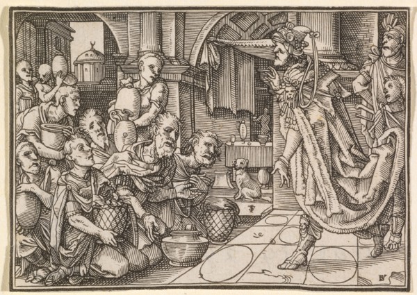 The brothers of Joseph bring him gifts (Gen. 43), 1576, woodcut, without frame, without text,