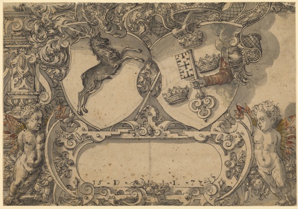 Lower half of a disc rupture with coat of arms of Caspar II, abbot of St. Blasien, 1577, feather in
