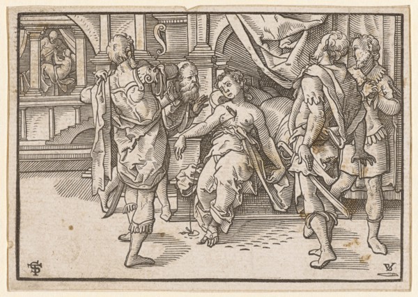 Suicide of the Lucretia, 1574, woodcut, without framing, picture: 7.3 x 10.5 cm |, Leaf: 7.7 x 10.9