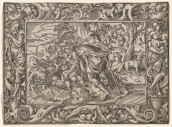 Faustulus finds the boys Romulus and Remus, 1574, woodcut, image: 10.7 x 14.6 cm, U. l.,