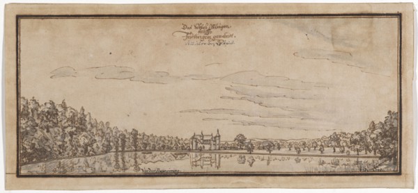 View of the Öttlingen moated castle, also called Friedlingen, 1649, feather in brown, in places in