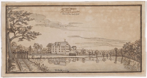 View of the moated castle Öttlingen, also called Friedlingen, 1649, feather in brown, light blue