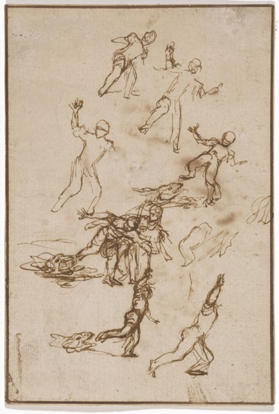 Sketch sheet with studies on the subject of Tobias frightens before the fish, 1st third of the 17th