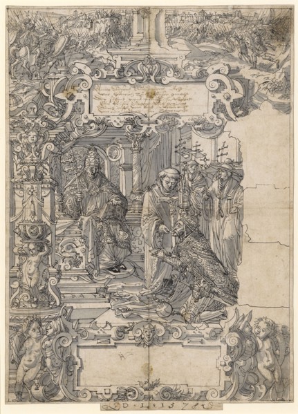 Slice tear with Emperor Henry VII, who receives the communion, in the upper picture battle scene,