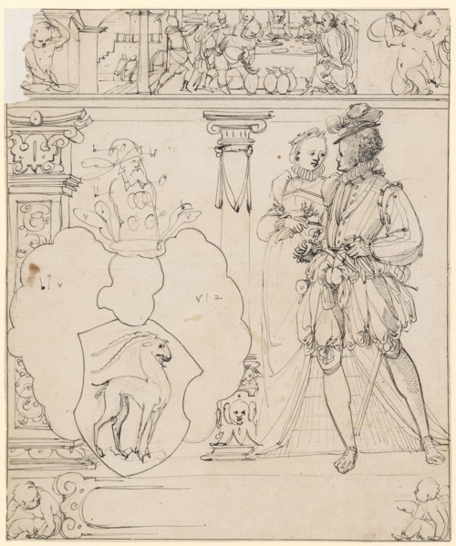 Broken glass with running pair of lovers and the coat of arms Keller zum Steinbock, in the upper