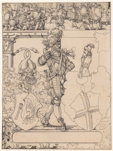 Disc tear with a helmeted knight as shield companion and the arms of Lichtenfels-von Römerstall and