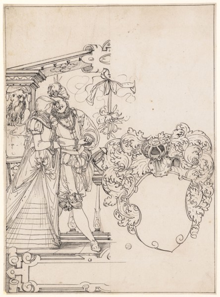 Cracked disc with walking pair of lovers and blank blazon, feather in black, sheet: 34.6 x 25.4 cm