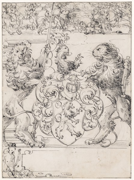Slice rupture with two lions as shield holders and lion coat of arms, in the Oberbild riding