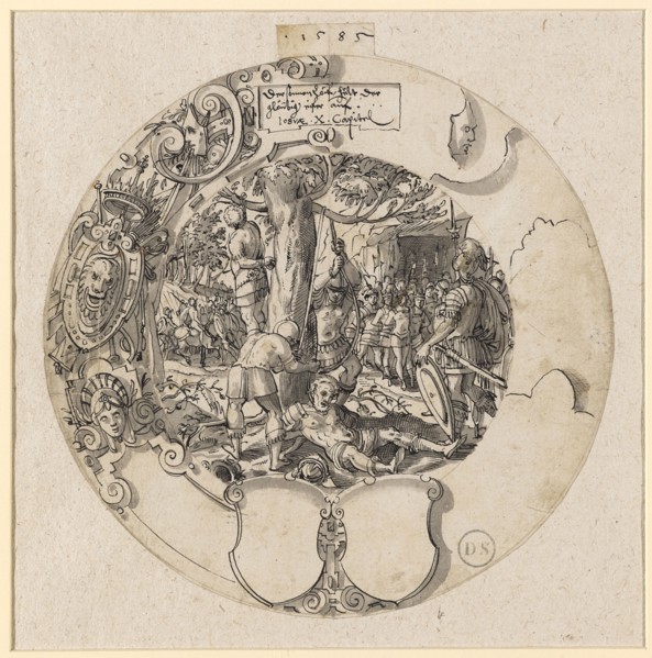 Broken window in the circle with Joshua, who hangs the five Amonite kings, including two empty