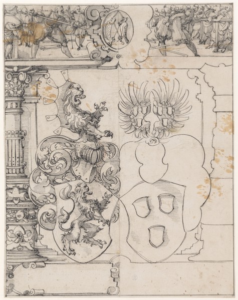 Slice tear with alliance coat of arms to Rhine, from Reinach (?), In the upper picture duel with