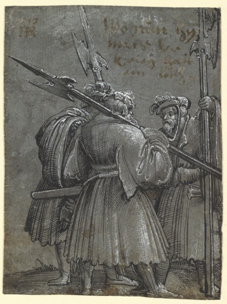Three Landsknechts in Entertainment (Three Night Watchmen), 1513, feather in black, heightened with