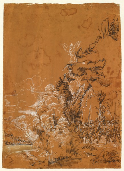 Forest landscape with angel and mercenaries (Christ on the Mount of Olives), feather in black,