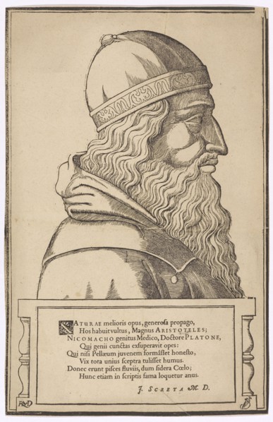 Breast portrait of Aristotle, 1549, woodcut, leaf: 34.7 x 22.6 cm, U. l., monogrammed: RHMD [lig.],