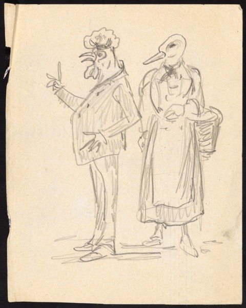 Caricature of a Married Couple: Man with Rooster Head and Woman with Duck Head, Pencil, Sheet: 13.9