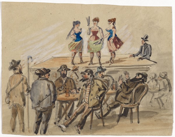 Three women present themselves on a stage, in front of them men at beer tables, 1882, pencil,
