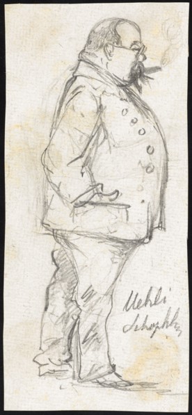 Man with glasses and cigar from the side, pencil, sheet: 14.2 x 6.4 cm, U. r., inscribed in pencil: