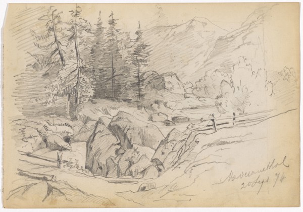 Mountain valley with river, rocks, fir trees and a bridge (recto), woman in traditional clothes