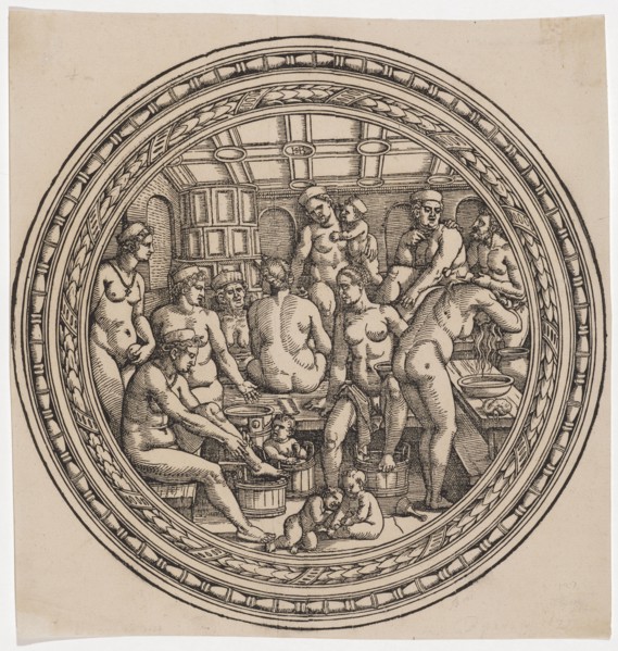 The Frauenbad, 1530/40, woodcut, sheet: 30.5 x 30 cm |, Image: 29.5 cm (diameter), O. M