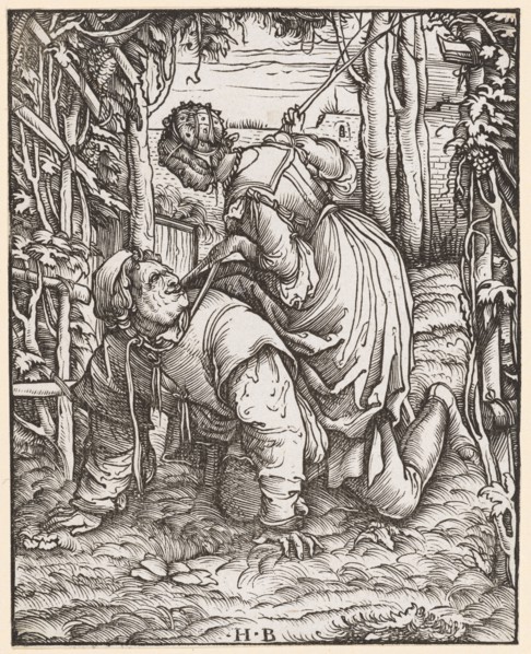 Aristotle and Phyllis, woodcut, folio: 11.9 x 9.5 cm, U. monogrammed: .H.B, Hans Burgkmair d. Ä.,