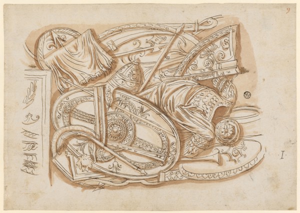 Relief with weapons trophies from the base of Trajan's Column, 1541-1547, feather in brown,