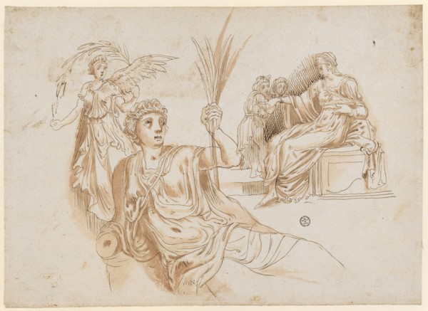 Victoria with laurel branch, knee piece of a reclining nymph, sitting woman, 1541/47, feather in