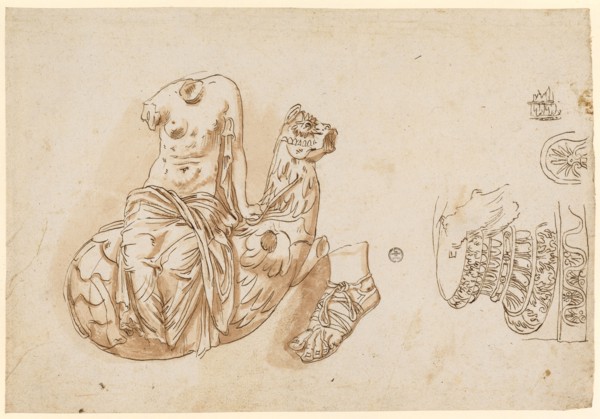Torso of a Nereid on a Hippocampus, a left foot with sandal, columnar base and base plate, 1541/47,