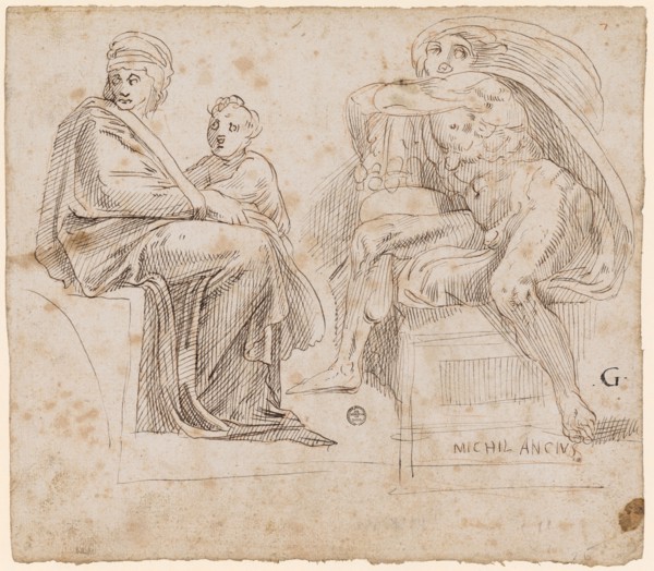 Two sketches after the ceiling fresco Michelangelo in the Sistine Chapel: Seated woman and boy of