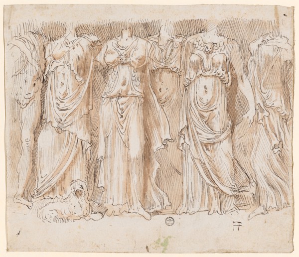 Five female figures, led by a male (Apollo with the Muses?), 1541/47, feather in brown,