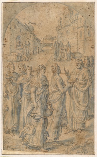 The wise virgins in front of the sky groom, feather in brown, brush in blue, fixed, sheet: 22.3, 23