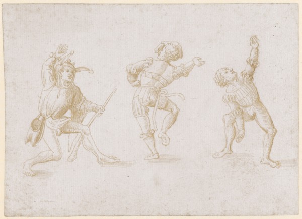 Three Moriscan Dancers, the left dressed as a fool, early 16th C., feather in brown, sheet: 10.6 x