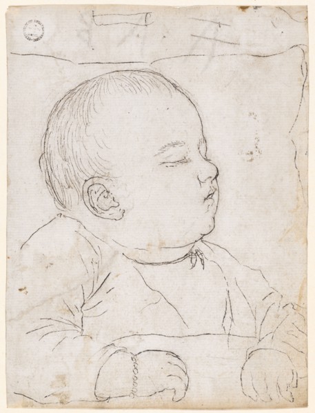 Sleeping child, pen in black, over preliminary drawing with graphite pencil, Sheet: 14 x 10.5 cm,
