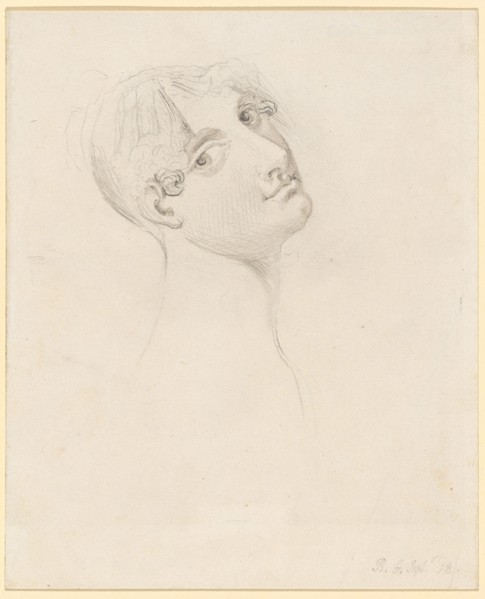 Woman's head, looking over the right shoulder, 1818, pencil, gray wash, mounted, leaf: 22.6 x 18.6
