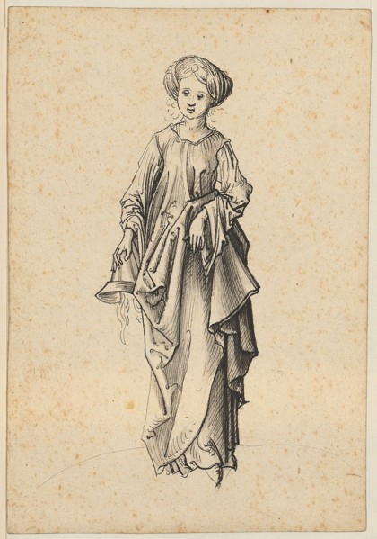 Foolish Virgin, head-on, head down, feather in black, gray wash, sheet: 16.2 x 11.1 cm, not marked,