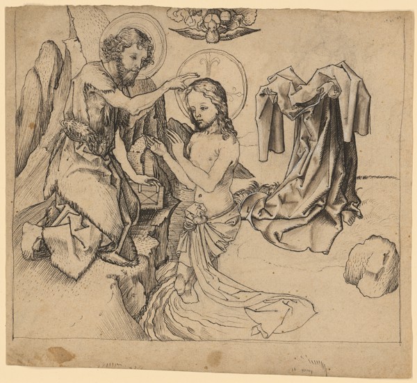 The Baptism of Christ, feather in black, over remains of coal projection, partly gray-brown washed,