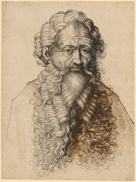 Half-length portrait of a bearded man, pen in black and dark brown, in places heightened with