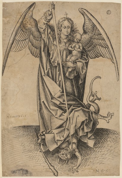 The Archangel Michael above the devil, holding a soul (naked child) in his arms, feather in black,