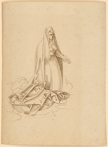 Intercessory Mary (kneeling on clouds), pointing her breast, last quarter of the 15th century,