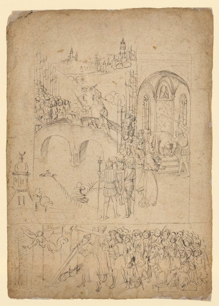 Scenes from the cross legend, late 15th century, feather in black and gray, leaf: approx. 31.8 x 22