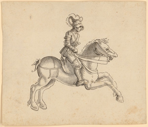Horseman in armor, galloping to the right, early 16th century, feather in black, gray wash, sheet: