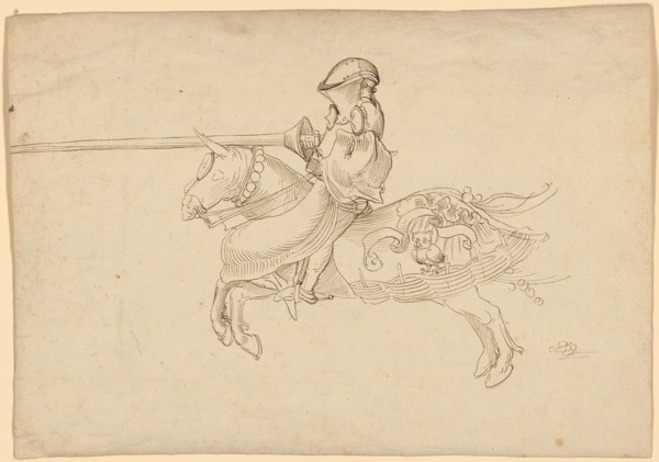 Medieval Knight with Lance, Blasting to the Left, Early 16th C., Feather in Brown, Leaf: 20.4 x 29